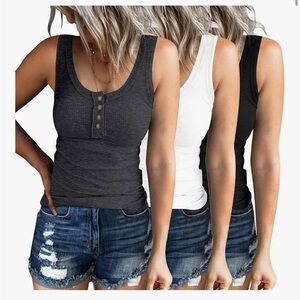 🧡 Sleeveless Ribbed Henley Tank Tops - Black, White, Gray (3 Pack)